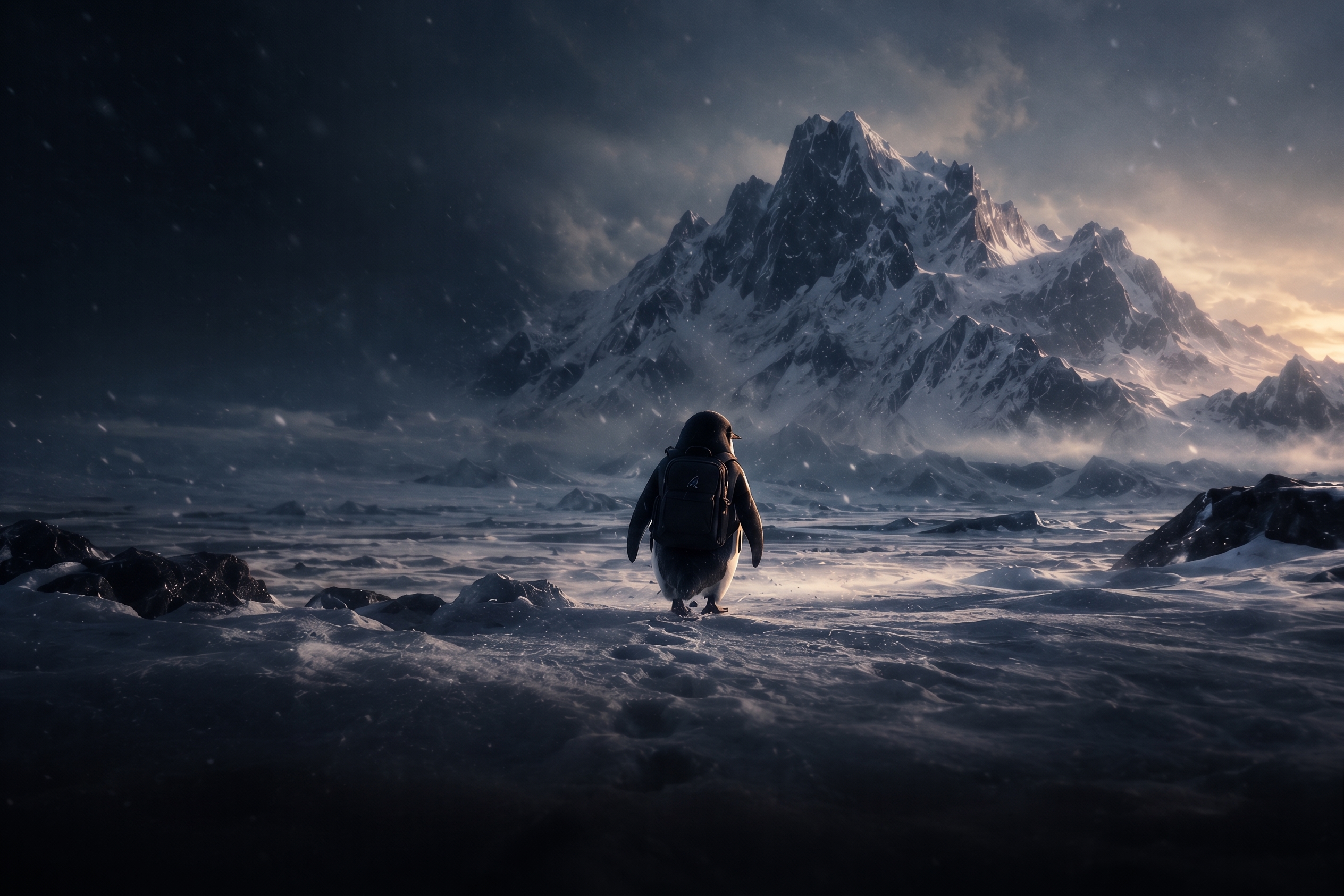 A lone penguin facing a vast Antarctic mountain